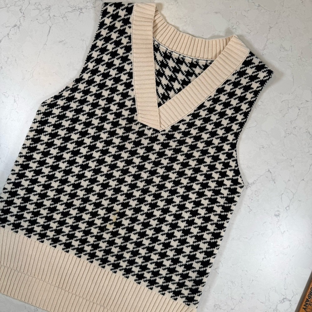 Oversized Sweater Vest Houndstooth V-Neck Academia Pullover Preppy Mini Dress L